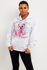 teddy print white oversized hooded sweatshirt with my bubble print