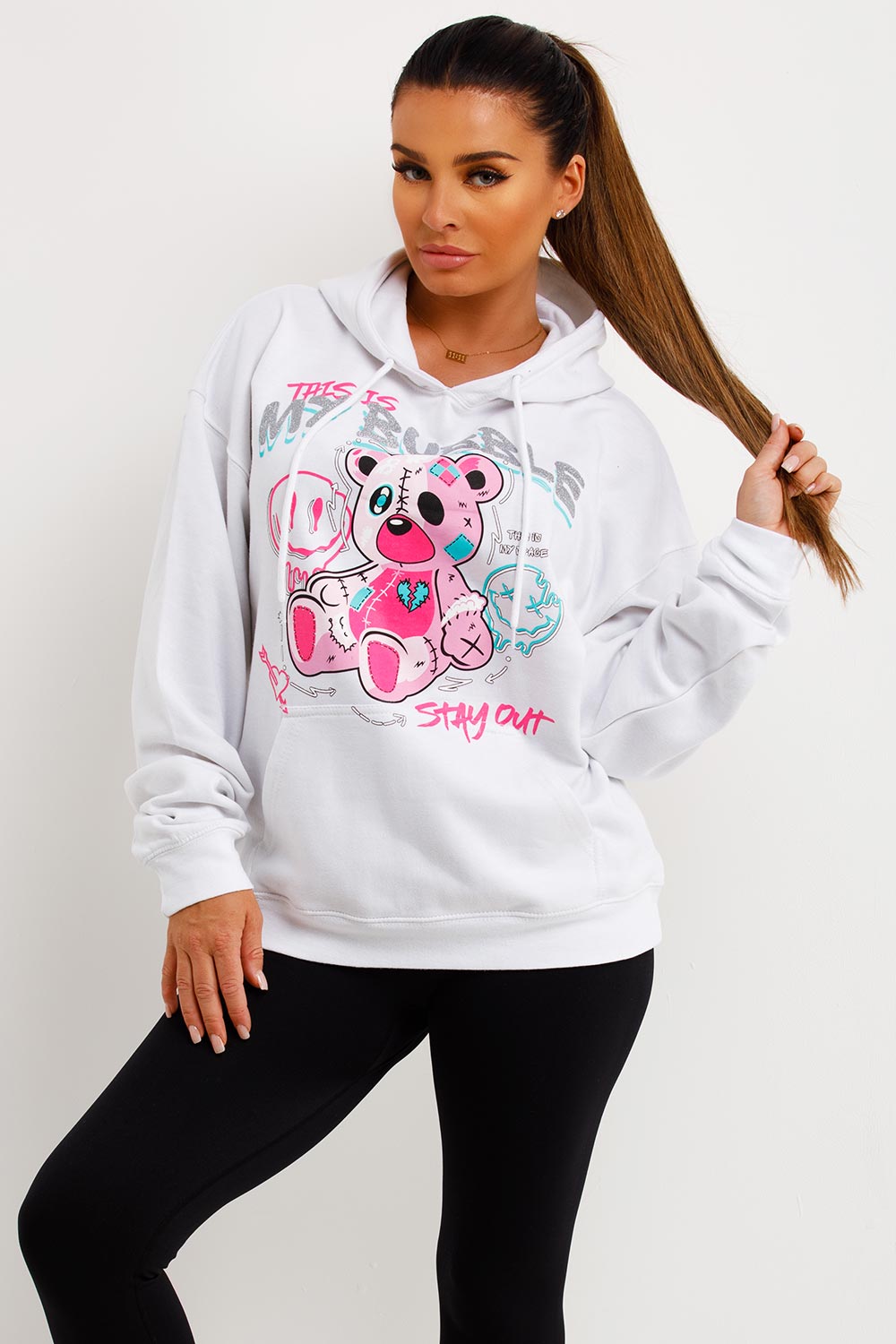 womens teddy bear graphic print hoodie