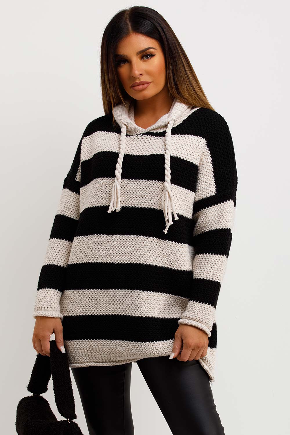 womens hooded chunky knit jumper with stripes