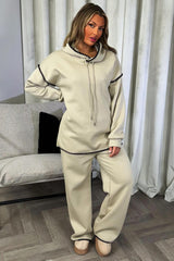 womens hoodie and joggers contrast stitch loungewear set beige