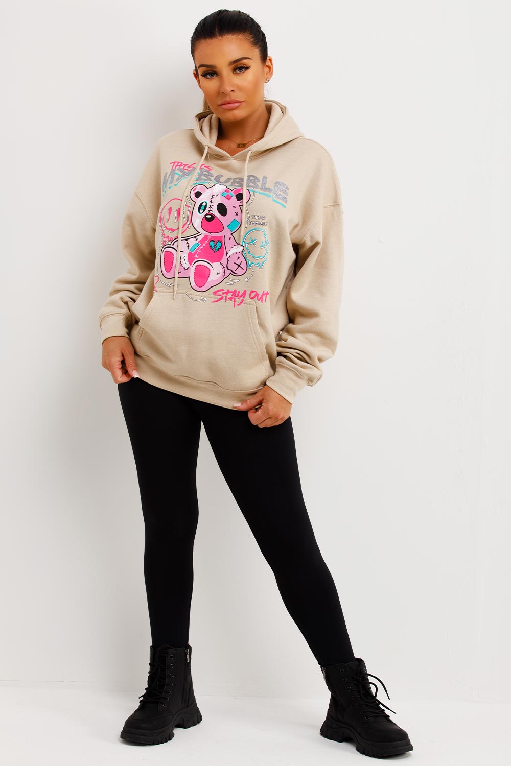 womens teddy oversized hooded sweatshirt with graphic print