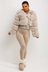 womens crop aviator jacket with faux fur faux leather belted