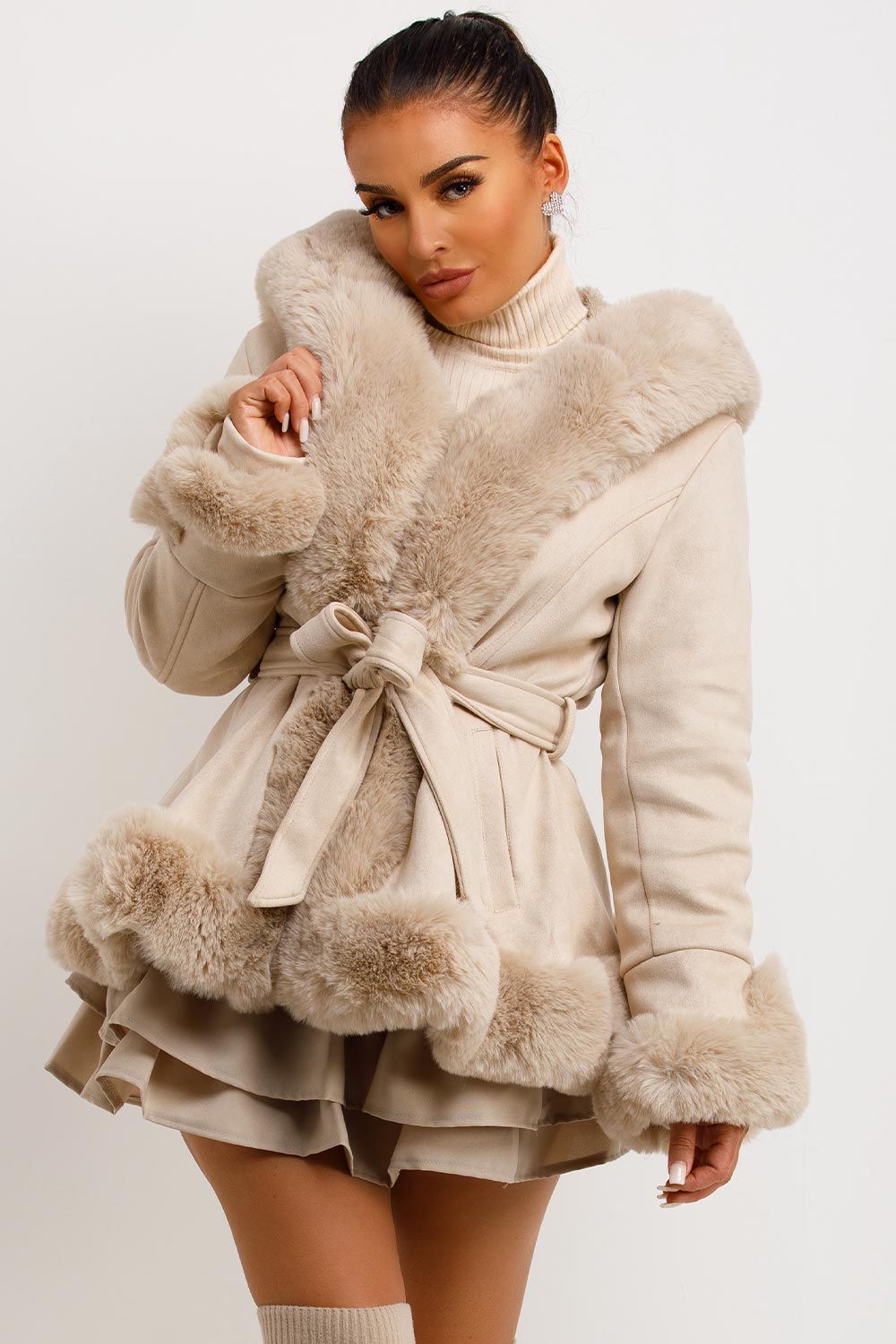 faux fur faux suede coat with hood and belt