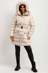 womens puffer padded coat with fur hood and belt