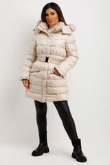 womens puffer padded coat with fur hood
