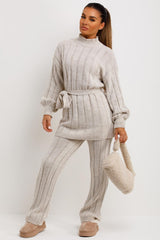 beige knitted loungewear co ord set