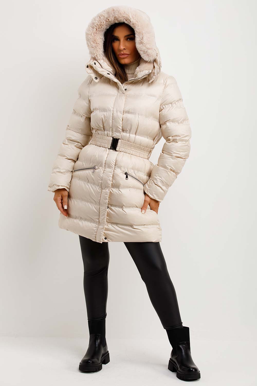 womens padded coat with belt and fur hood