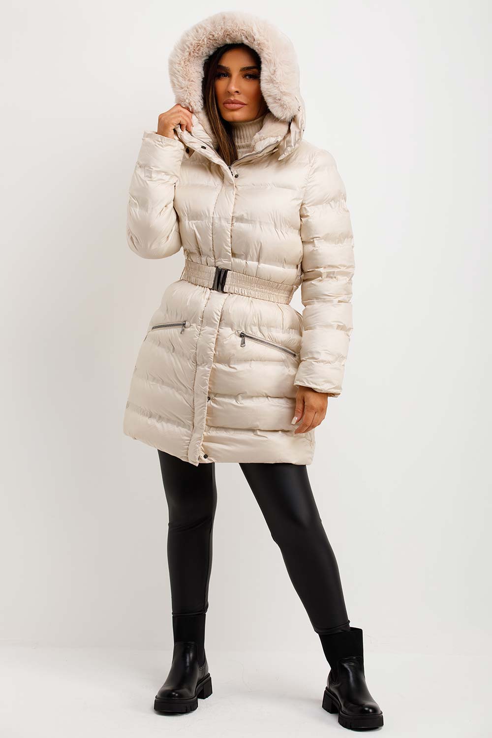 womens puffer padded coat with fur hood and belt