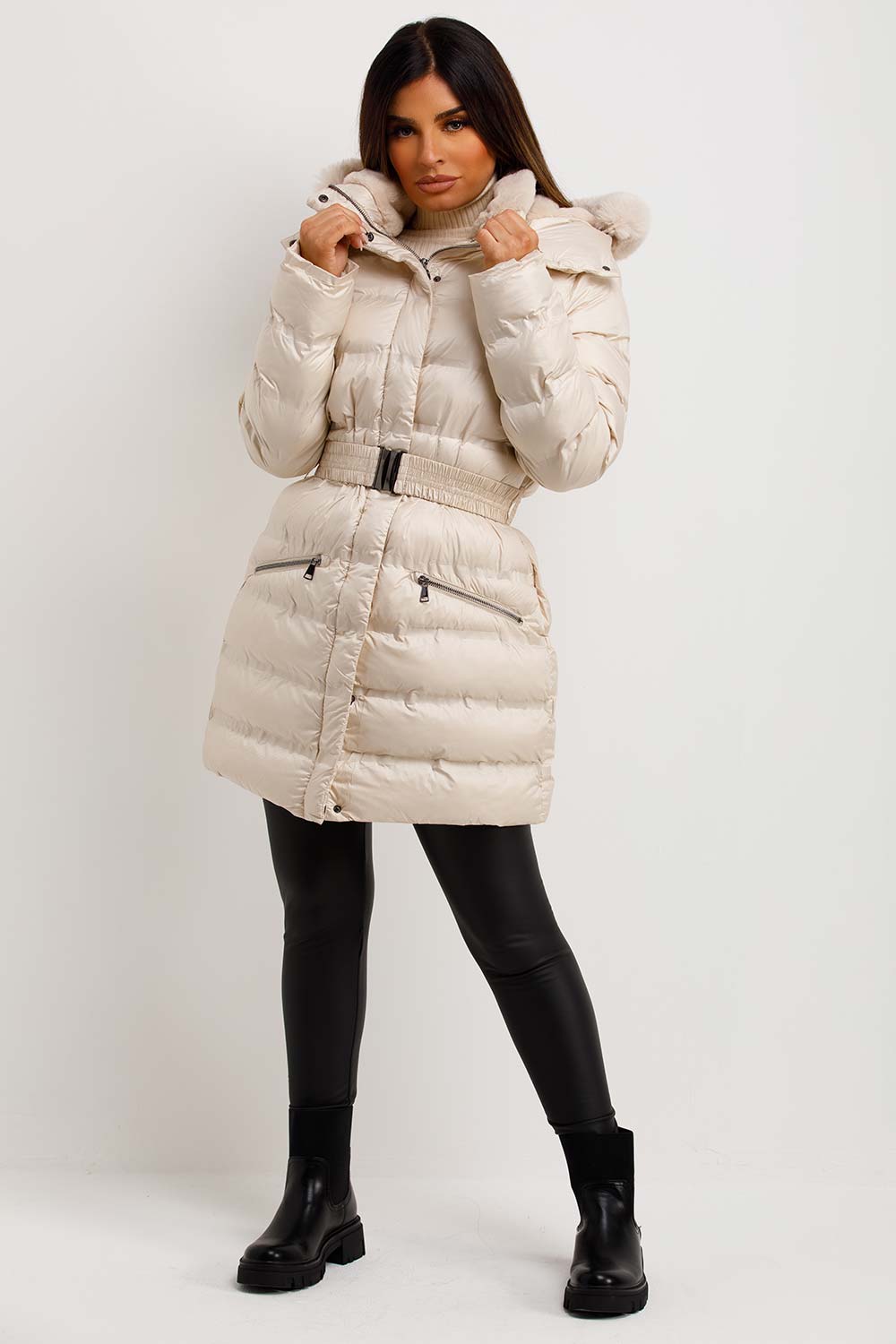 womens outerwear fur hood padded puffer coat with belt