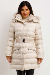 womens puffer coat with belt and fur hood