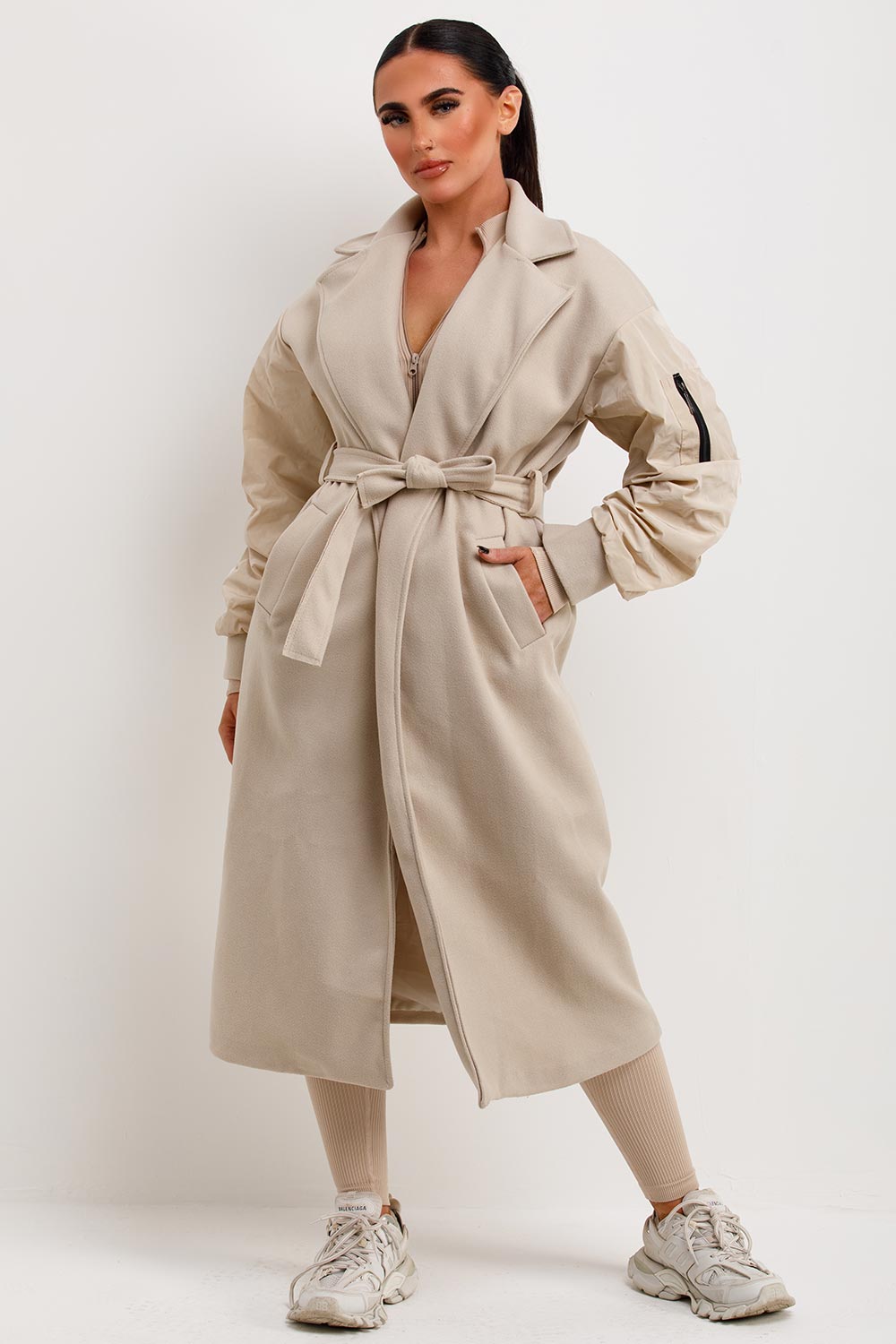 womens wool wrap coat with ruched sleeves