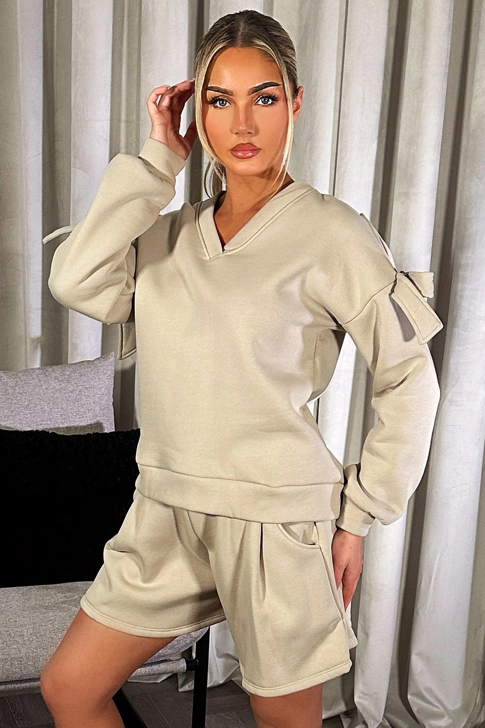 womens cut out shoulder bow detail sweatshirt and joggers co ord lounge set