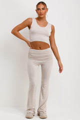 fold over hem trousers crop top and ruched sleeve cardigan three piece loungewear set
