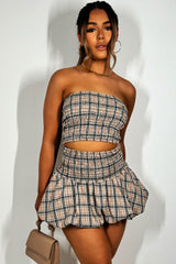 puffball skirt and shirred top co ord set beige checked 