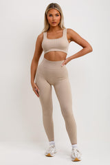 womens high waist ribbed gym leggings and crop top co ord set