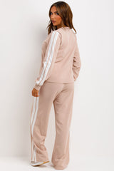 womens wide leg trousers and long sleeve jumper two piece loungewear set with side stripe