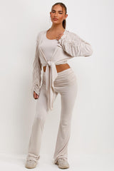 fold over hem flare trousers crop top and ruched sleeve cardigan three piece matching lounge set summer outfit