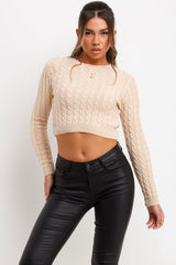 beige cable knit crop jumper long sleeve