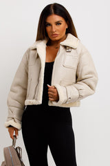 Women s Crop Aviator Jacket Beige Zara Inspired Styledup