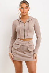 bandeau crop top cargo mini skirt and crop hoodie three piece outfit set summer festival holiday outfit