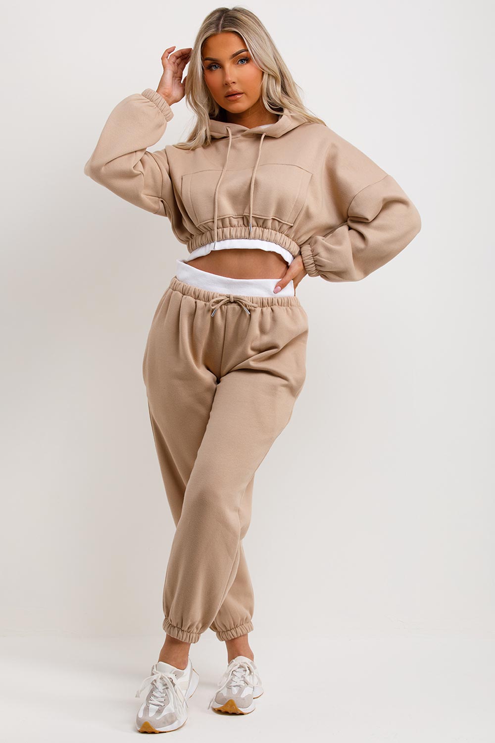 Women's Crop Hoodie Joggers Tracksuit Ribbed Hem Beige Loungewear
