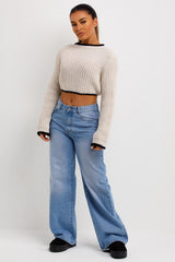 womens crop knitted jumper with long sleeves contrast edges