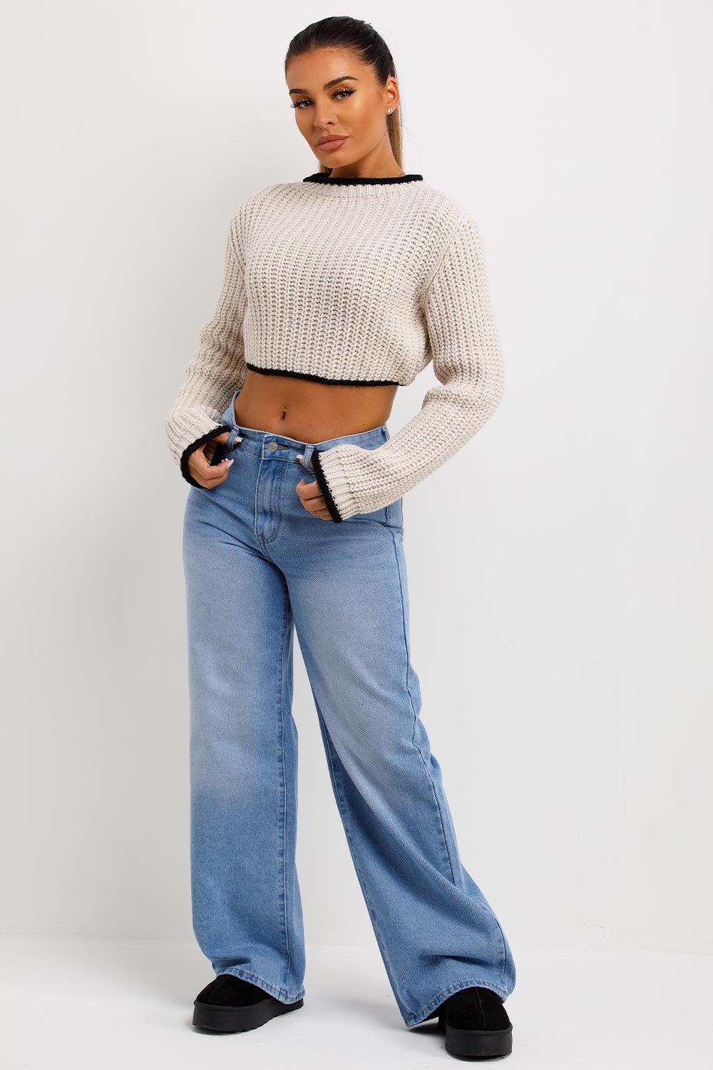womens crop knitted jumper with long sleeves