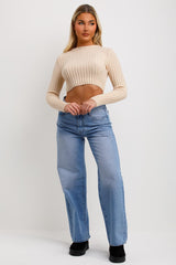 crop rib knit jumper with long sleeves