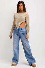crop knitted jumper with long sleeves and dip hem