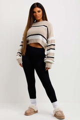 womens long sleeve crop knitted jumper with stripes