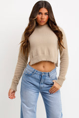 round neck crop fluffy jumper with side cuts