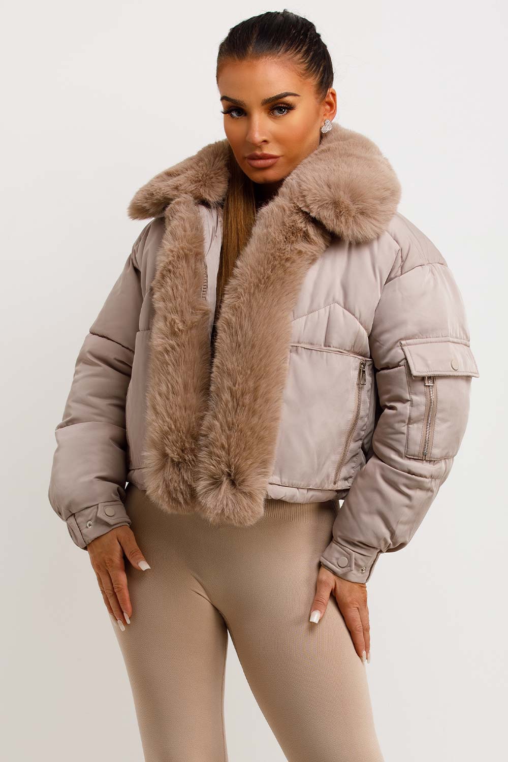 beige fur trim puffer padded jacket womens