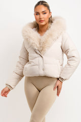 womens beige faux fur hood and trim padded bomber jacket winter outerwear