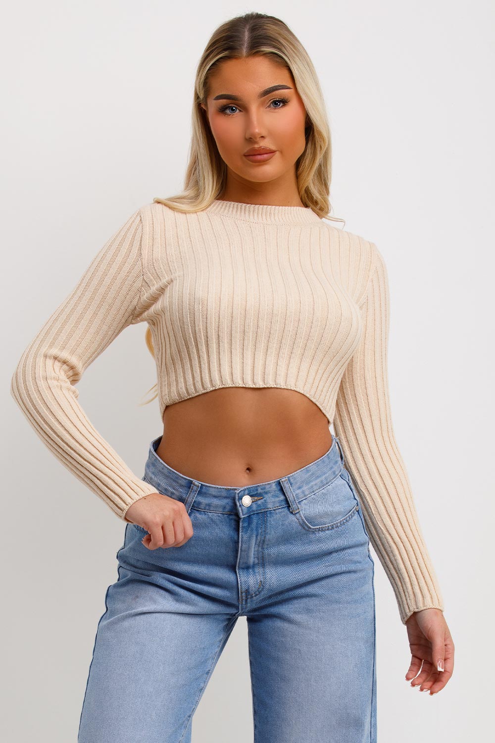 womens crop knitted jumper with long sleeves