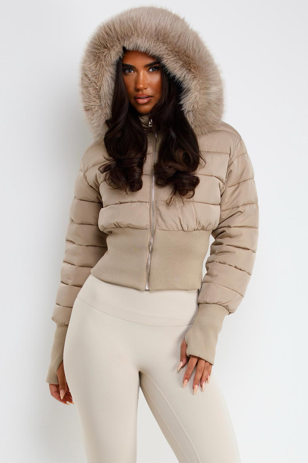 womens puffer padded ski jacket with fur hood beige styledup uk