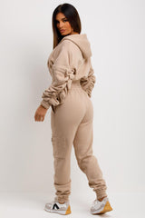 womens crop tracksuit ruched sleeve hoodie and joggers tiktok set