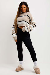 long sleeve crop knitted jumper with stripes