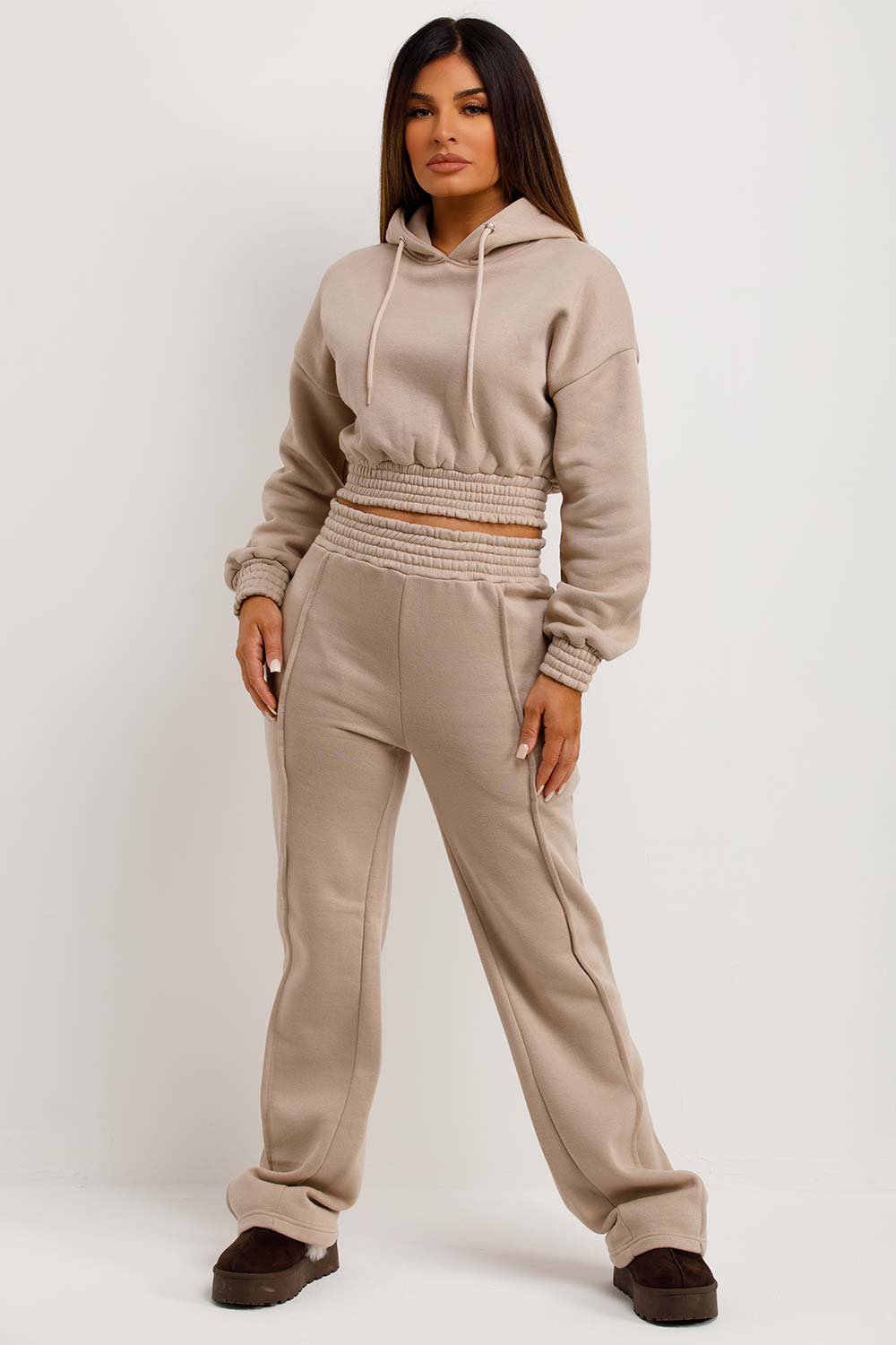 womens seam detail straight leg joggers and crop hoodie tracksuit co ord set