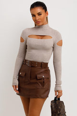 long sleeve cut out shoulder ribbed top going out out fit