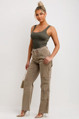 womens stone washed cargo jeans with pockets