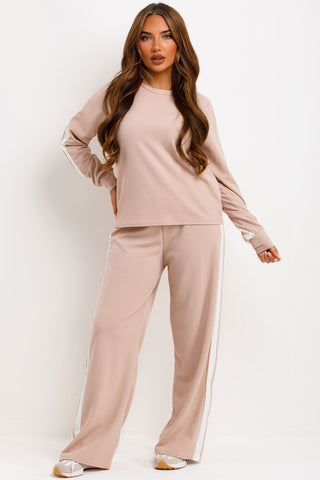 Tie Waist Contrast Side Stripe Wide Leg Joggers In Grey - Foto 4