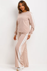 loungewear co ord with side stripe beige white