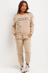 diamante ruffle frill shoulder gold button tracksuit set womens coco slogan