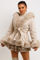 faux fur faux suede coat with hood and belt