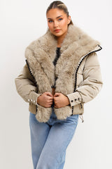 padded puffer coat with faux fur collar and trim