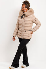 womens faux fur hood puffer padded winter jacket with side buckle beige