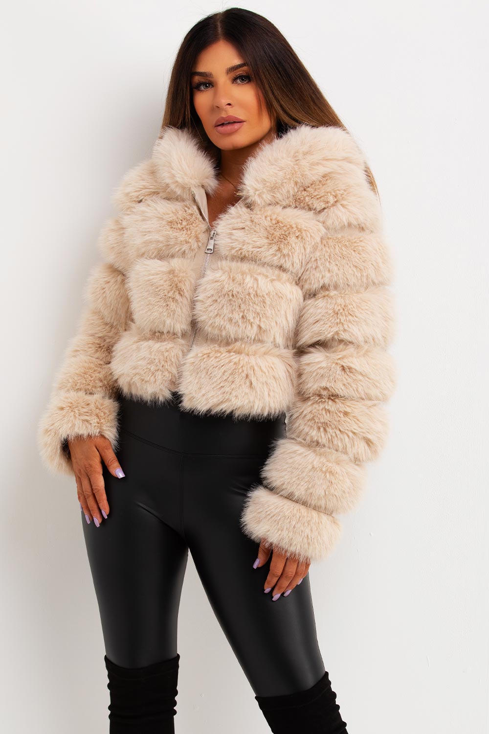 Women's Faux Fur Coat With Hood Beige Premium Outerwear –