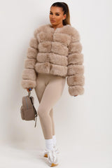 womens beige faux fur bubble jacket uk