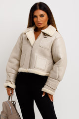 womens zara crop aviator jacket beige