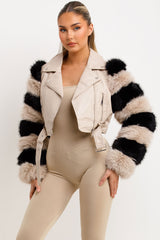 contrast faux fur sleeve faux leather jacket